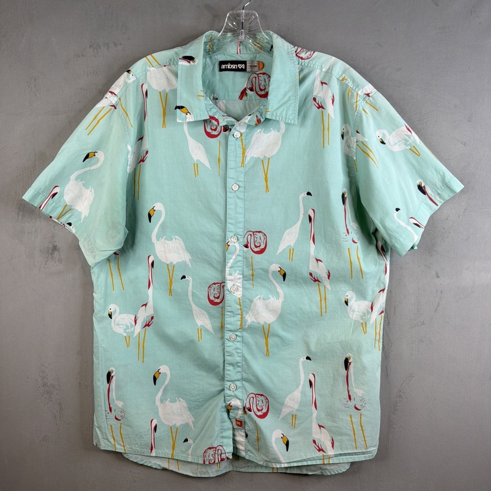 ambsn Flamingo Print Shirt Mens L Aqua Cotton Short Sleeve Button Up